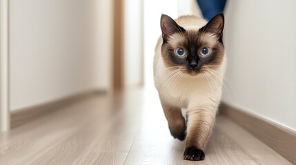 Cat Walking Through Hallway on Wooden Floor with Natural Light