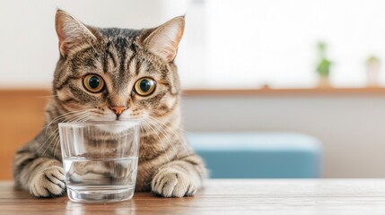 Cat Staring at Water Glass on Modern Wooden Table in Japandi Style