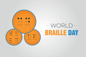 World Braille Day awareness graphic design with three orange circles featuring raised dots representing the reading system for visually impaired people