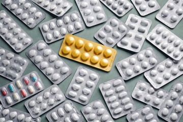 Empty silver blister packs and a single gold blister illustrate the concept of medicine scarcity, drug shortages, and a looming health crisis