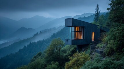 Minimalist Wooden House Perched on Foggy Hill in Serene Landscape