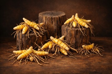 In a dim studio, fresh ginseng roots lean against wooden stumps, naturally telling the purest story of herbal medicine&mdash;a creative photo for advertising