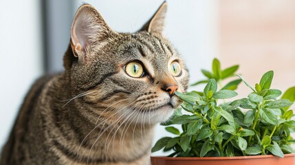 Cat Sniffing Potted Plant on Balcony in Natural Light and Setting