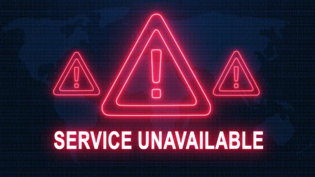 Service unavailable alert warning. Cybersecurity defense and secure digital systems protection against cyberattacks. urgent threat notification concept with glowing red hazard icon.