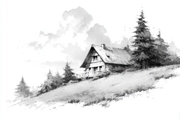 Eco-Friendly Cabin Sketch Blending with Nature in Serene Landscape