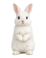 Cute white rabbit standing upright with front paws held together, soft fluffy fur, pink ears, and gentle expression. Centered studio composition isolated on white background, adorable animal and pet c © MJ iceberg