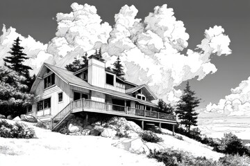 Detailed Ink Contour Drawing of a House on a Hillside with Clouds