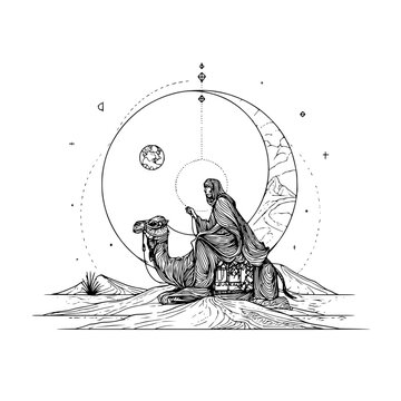 Camel desert moon landscape illustration drawing art line travel adventure journey mystic arabian night 1001