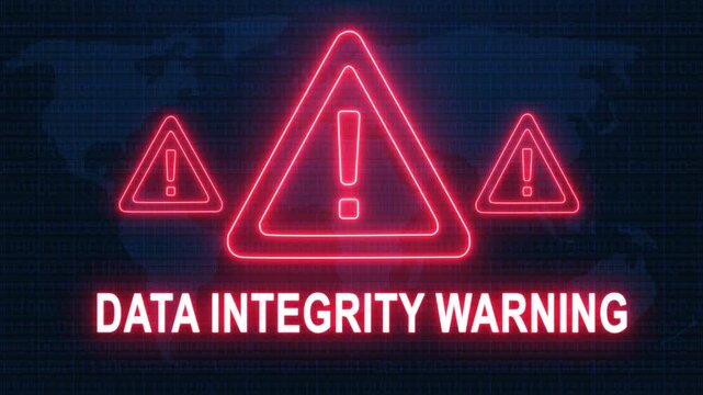 Data integrity alert warning. Cybersecurity defense and secure digital systems protection against cyberattacks. urgent threat notification concept with glowing red hazard icon.