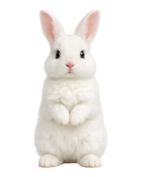Cute white rabbit standing upright with front paws held together, soft fluffy fur, pink ears, and gentle expression. Centered studio composition isolated on white background, transparent