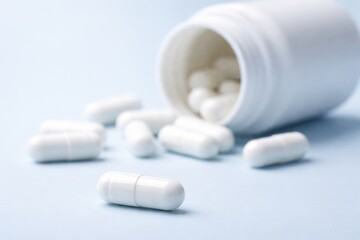 Medicine capsules spilling out of a bottle against a blue background