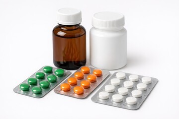 On a white background, a close-up view shows a dark glass bottle, a package of pills, and orange pills on the table, all part of a medicine chest containing a variety of traditional medications