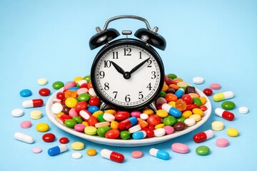 A blue background shows a clock alarm and a plate of many different pills, illustrating health care, useful vitamin supplements, therapeutic diet, and the concepts of medication time, schedule