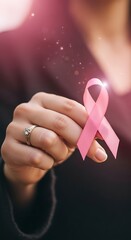 Womans hand holding pink ribbon, breast cancer awareness.