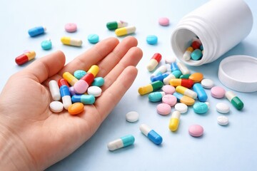 Pill capsules of Chinese and Western medicine for medical treatment displayed on a blue background