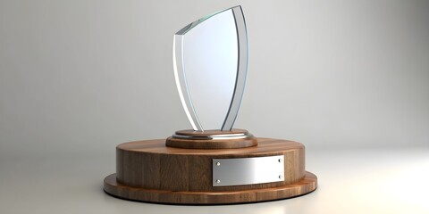 Minimalist glass award trophy on wooden base symbolizing achievement, success, and professional recognition