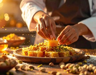 Close Up Of Hands Decorating Cubes Of Dessert With Chopped Pistachios And Sesame Seeds On A Wooden Plate With Warm Sunlight