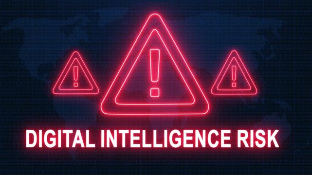 Digital intelligence risk alert warning. Cybersecurity defense and secure digital systems protection against cyberattacks. urgent threat notification concept with glowing red hazard icon.