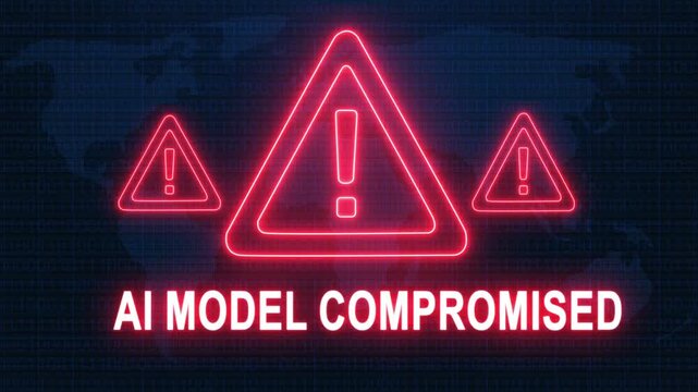 Ai model compromised alert warning. Cybersecurity defense and secure digital systems protection against cyberattacks. urgent threat notification concept with glowing red hazard icon.