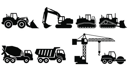 Construction machinery collection in black and white a dramatic silhouette © DELRUBA