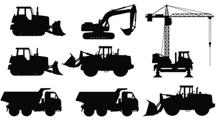 Construction machinery vector illustration depicting various heavy equipment silhouette © DELRUBA
