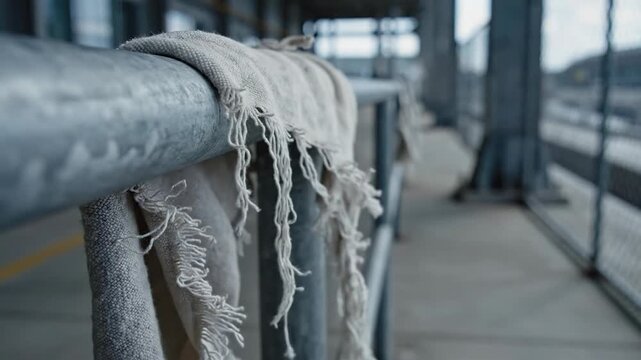 A frayed industrial cleaning cloth draped over a metal guardrail on an outdoor platform