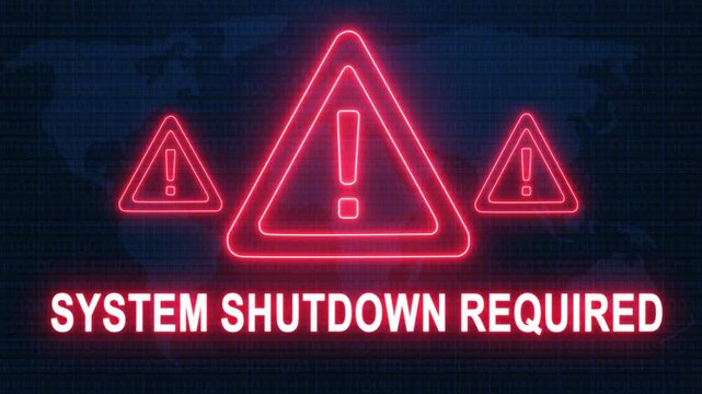 System shutdown required alert warning. Cybersecurity defense and secure digital systems protection against cyberattacks. urgent threat notification concept with glowing red hazard icon.
