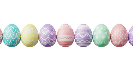a horizontal row of eight shadowless, watercolor pastel easter eggs with intricate white enamel patterns, studio flat lay on a solid transparent background, clean commercial design element concept