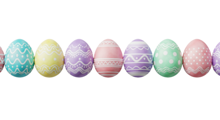 a horizontal row of eight shadowless, watercolor pastel easter eggs with intricate white enamel patterns, studio flat lay on a solid transparent background, clean commercial design element concept