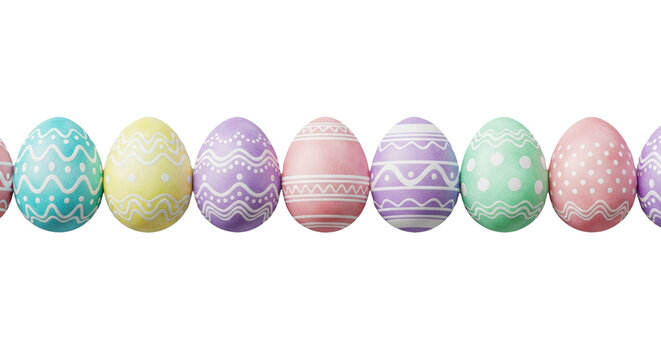 a horizontal row of eight shadowless, watercolor pastel easter eggs with intricate white enamel patterns, studio flat lay on a solid transparent background, clean commercial design element concept