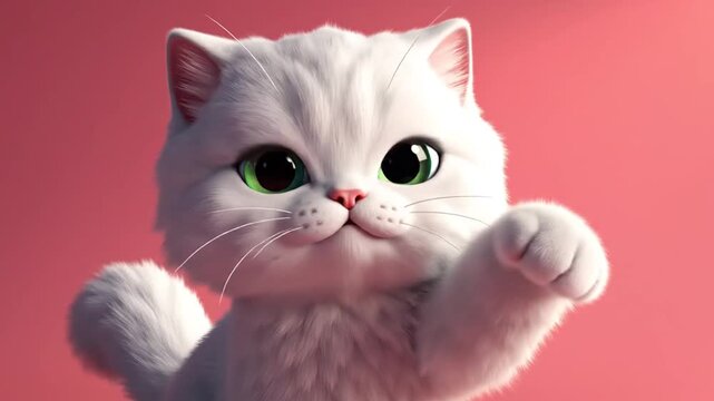 Cartoon kitten with closed eyes and smiling face on a plain red background vector illustration