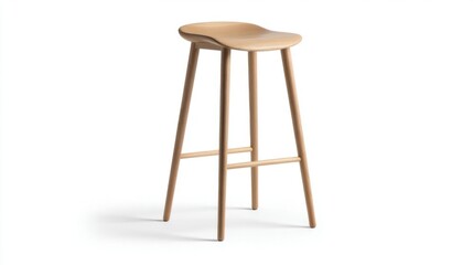 A simple wooden stool with four legs and a round seat features two horizontal support bars,