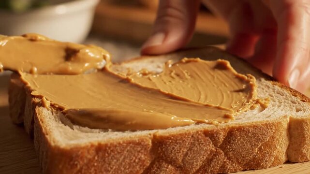 A close-up view of a hand spreading creamy peanut butter onto a slice of whole grain bread, with a blurred background of kitchen elements suggesting a cozy cooking environment