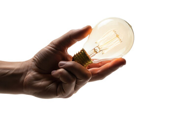 Ultra-realistic close-up of a clean mid-tone male hand gently grasping a glowing edison incandescent bulb against a transparent studio background. Concept of genius and innovation