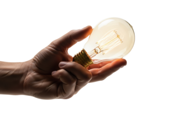 Ultra-realistic close-up of a clean mid-tone male hand gently grasping a glowing edison incandescent bulb against a transparent studio background. Concept of genius and innovation