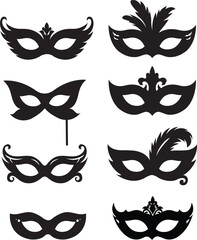 Silhouette of black masquerade mask with ornament in vector isolated style. Masks in mysterious model for cartoon, asset, fashion, clip art, festival