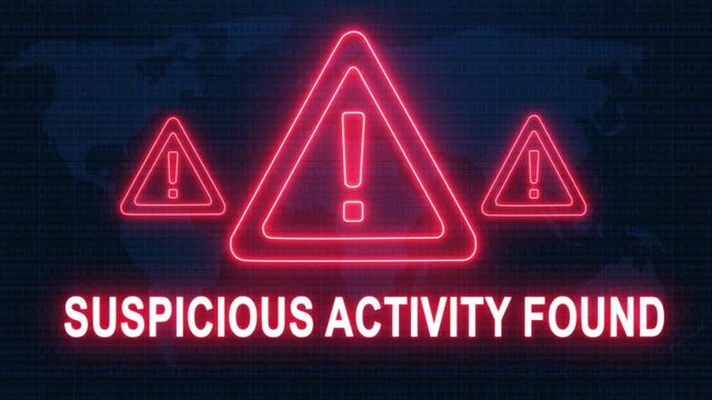Suspicious activity found alert warning. Cybersecurity defense and secure digital systems protection against cyberattacks. urgent threat notification concept with glowing red hazard icon.
