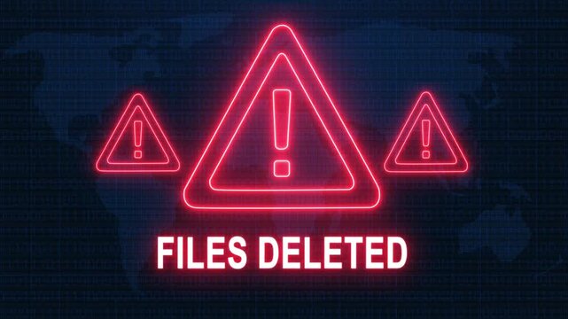 Files deleted warning alert. Cybersecurity defense and secure digital systems protection against cyberattacks. urgent threat notification concept with glowing red hazard icon.