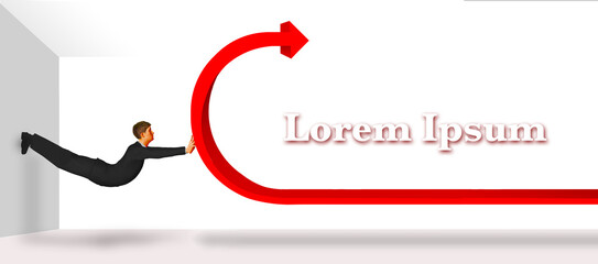 A young businessman uses great effort to turn away a red arrow that had been heading the wrong direction for his business. This is a 3-d illustration.