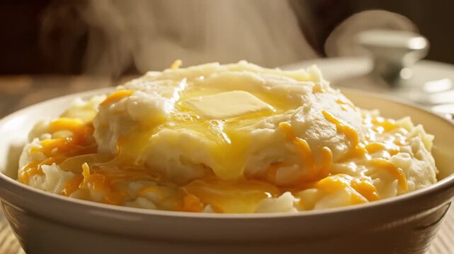 A steaming bowl of creamy cheesy mashed potatoes with melting butter and visible cheese, a comforting and delicious side dish.