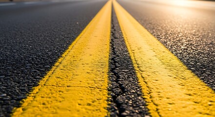 Road markings and asphalt surface with sunlight, perspective view.