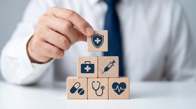 Businessman hand arranging wood block stacking with healthcare medical icons including shield, cross, and stethoscope. Concept of health insurance, risk management, medical protection, and safety stra