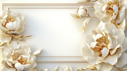 Elegant White Peony Floral Frame with Gold Accents and Copy Space for Wedding Invitations and Luxury Branding