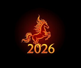 Fiery Glowing Horse Illustration with 2026 Year Symbol on Dark Background