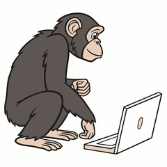 a cartoon chimpanzee is intently focused on a laptop computer squatting and seemingly engaged in digital work