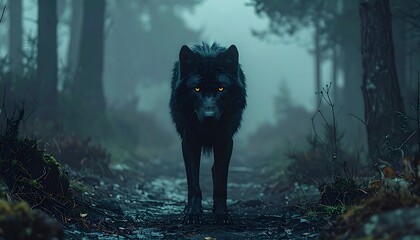A dark wolf with glowing eyes walks directly towards the viewer in a misty, shaded forest on a muddy path