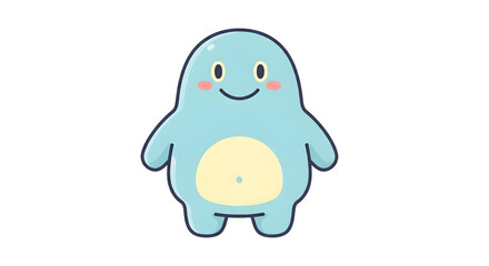 Obraz premium Cute blue blob monster with a round belly and rosy cheeks, happy cartoon character