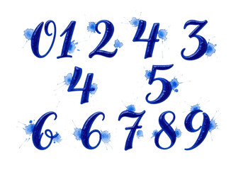 ten distinct cobalt blue watercolor numerals (0-9) in elegant calligraphic script with texture and splatters, isolated on transparent background. Concept of artisanal typography