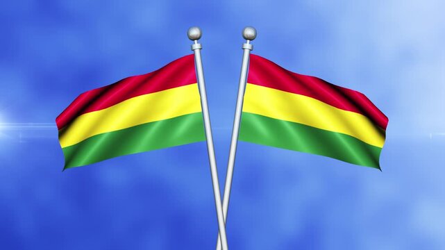 Bolivia Crossed Flags Waving in Blue Sky Loop Animation | Realistic 3D National Flag Background