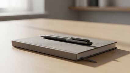 Modern gray notebook with sleek black pen on wooden desk surface in bright office workspace environment